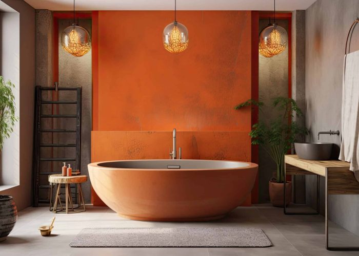 Modern luxury bathroom with bathtub, lamp, and decorations has a wall made of orange and gray concrete molded plaster. background with copy space that is cozy. Spa hotel relaxation, interior design co. Generative AI