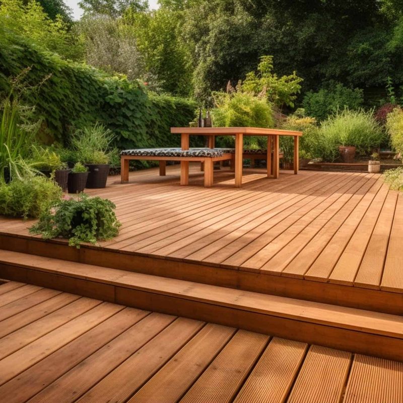 The exterior of a back garden patio area with wood decking. Generative AI technology