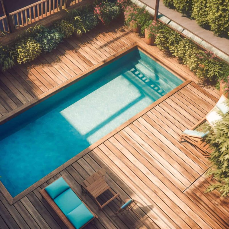 Top view of a wooden terrace and a swimming pool surrounded by a