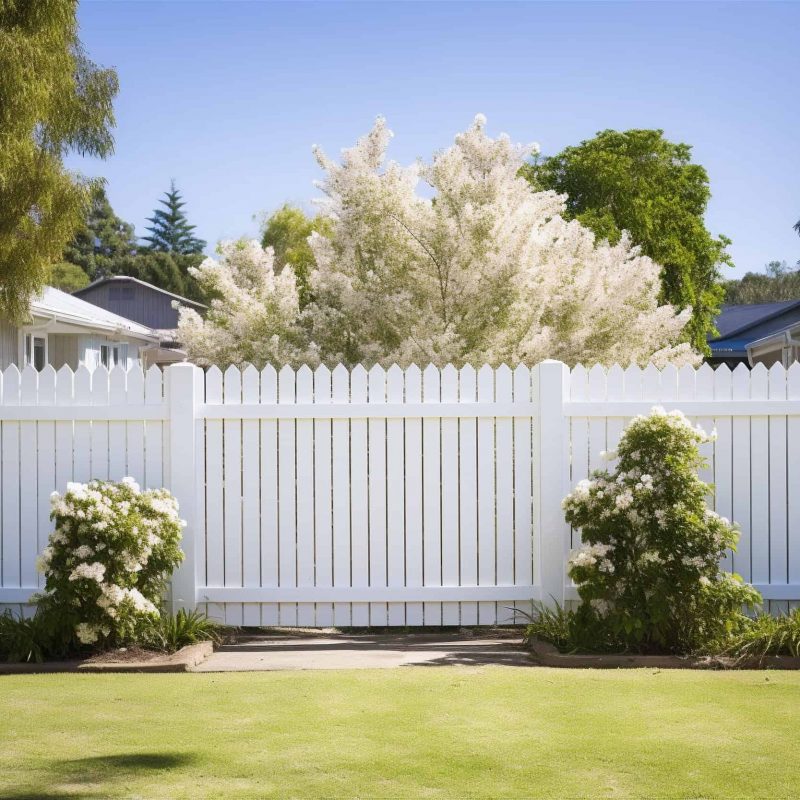 White wooden fence in the backyard and lawn. Generative AI